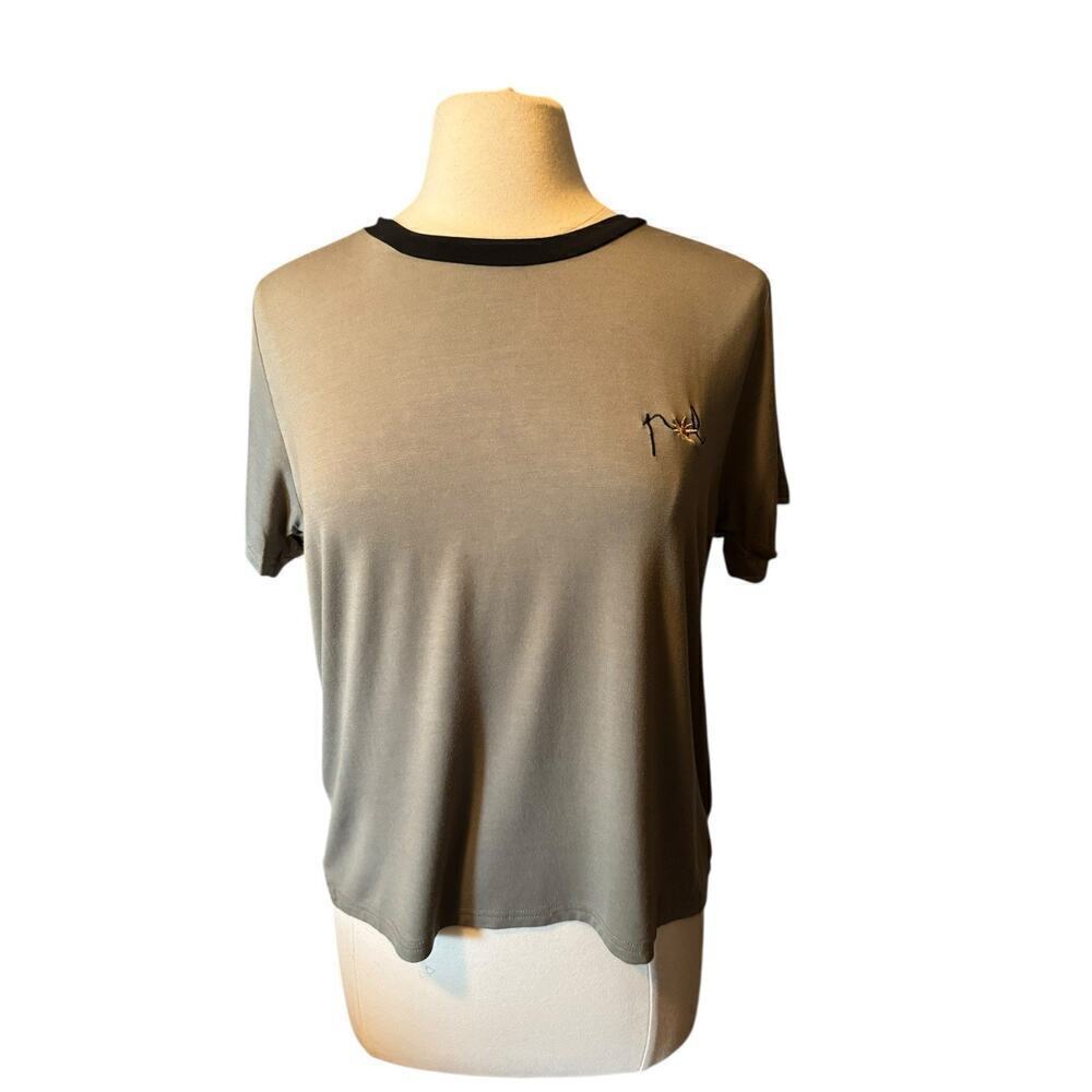 POL NEW Short Sleeve Embroidered Tee Small Olive Green Black Trim T-shirt